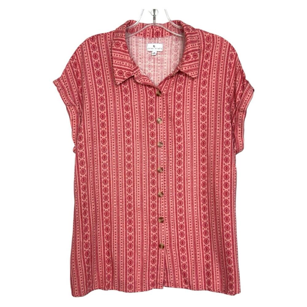 Linen Blend Button Top 1X Red Floral Stripe Coastal Cottage